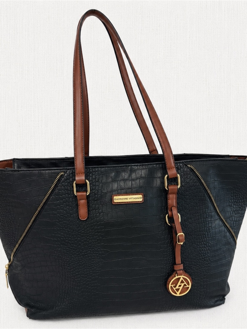 Adrienne Vittadini Black Croc-Embossed Tote with Brown Straps and Gold Hardware